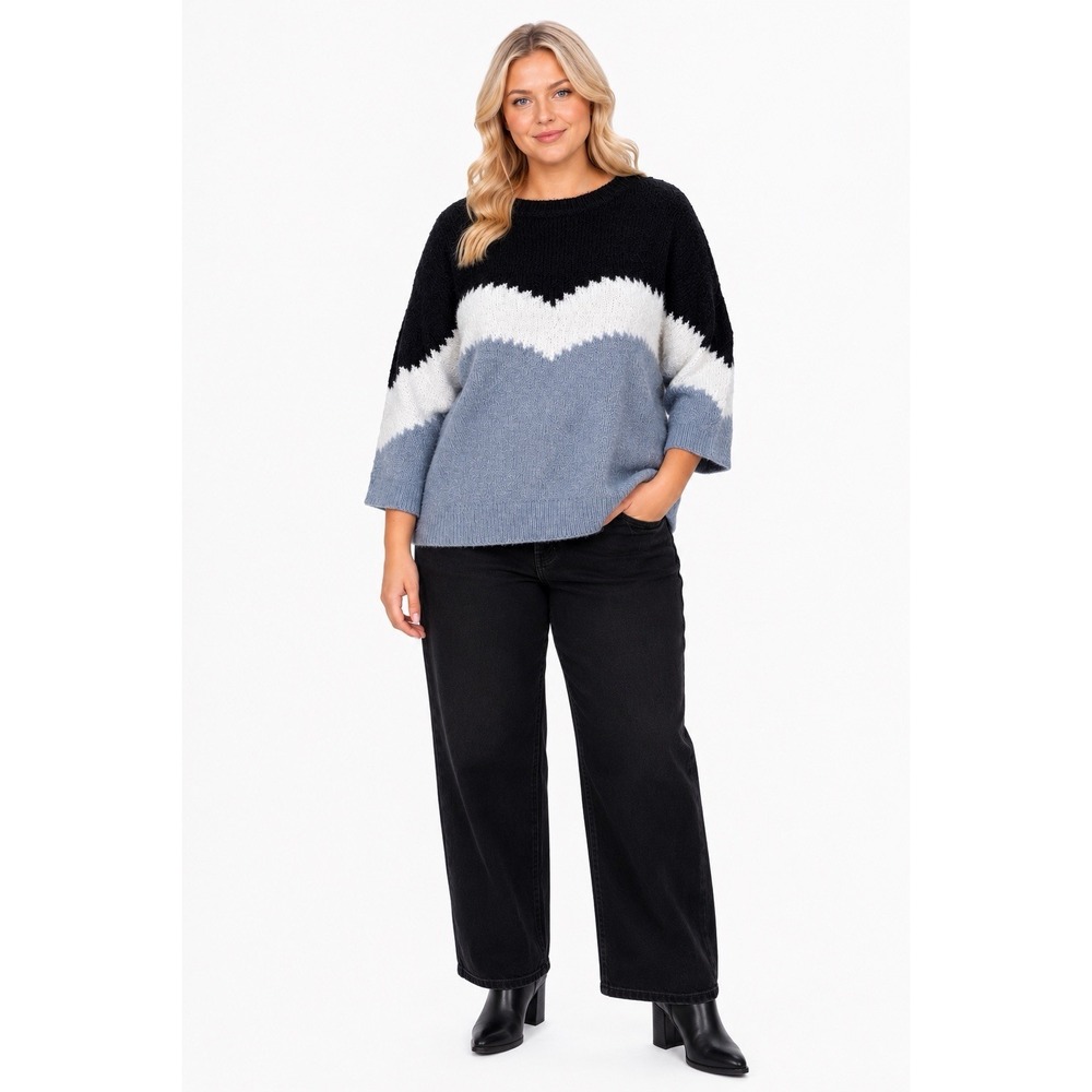 Colorblock Fuzzy Sweater 3X Oversized Soft Knit Cozy Pullover Gray Black Blue